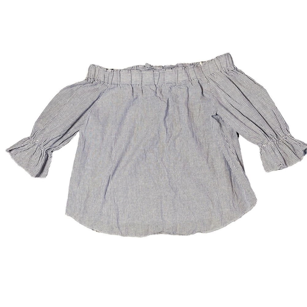 Rosette Off the Shoulder Striped Chambray Blouse